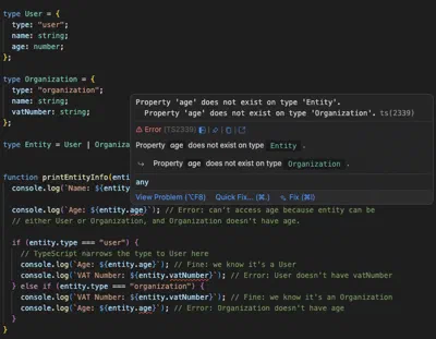 TypeScript narrowing Entity to User in the editor