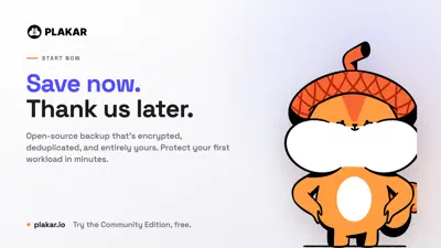 Save now, thank us later. Open-source backup that’s encrypted, deduplicated, and entirely yours. Try the Plakar Community Edition free at plakar.io